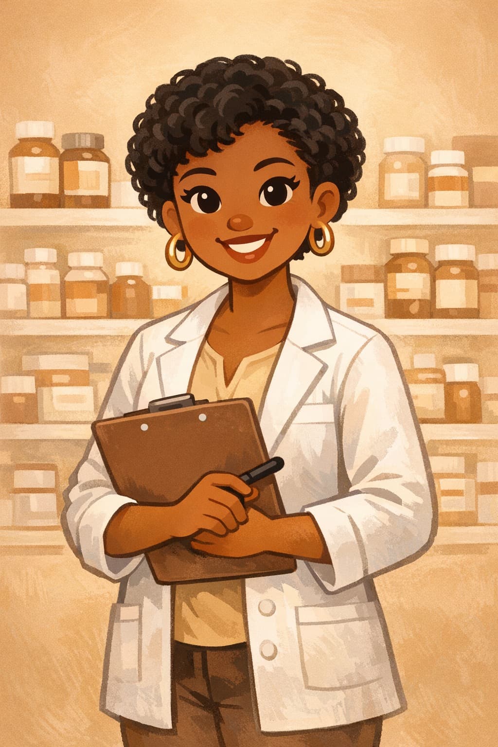 Illustrated portrait of Charmaine Okafor, Senior Pharmacy Tech