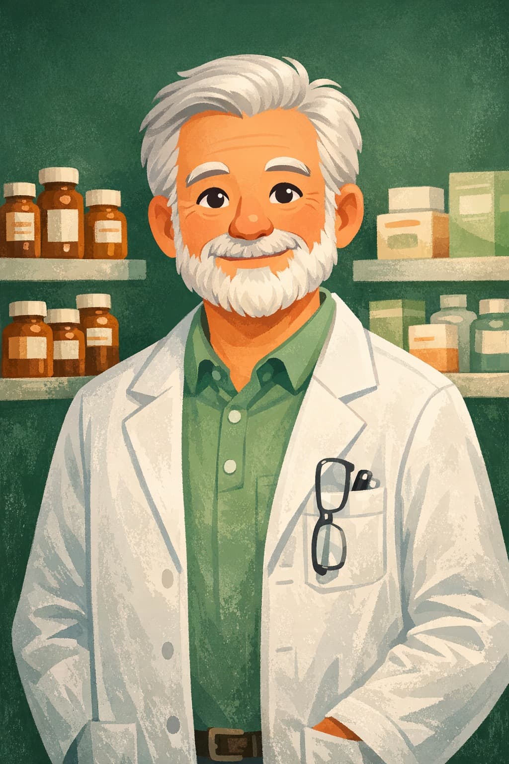 Illustrated portrait of Farid "Fred" Pourmorady, Lead Pharmacist, R.Ph.
